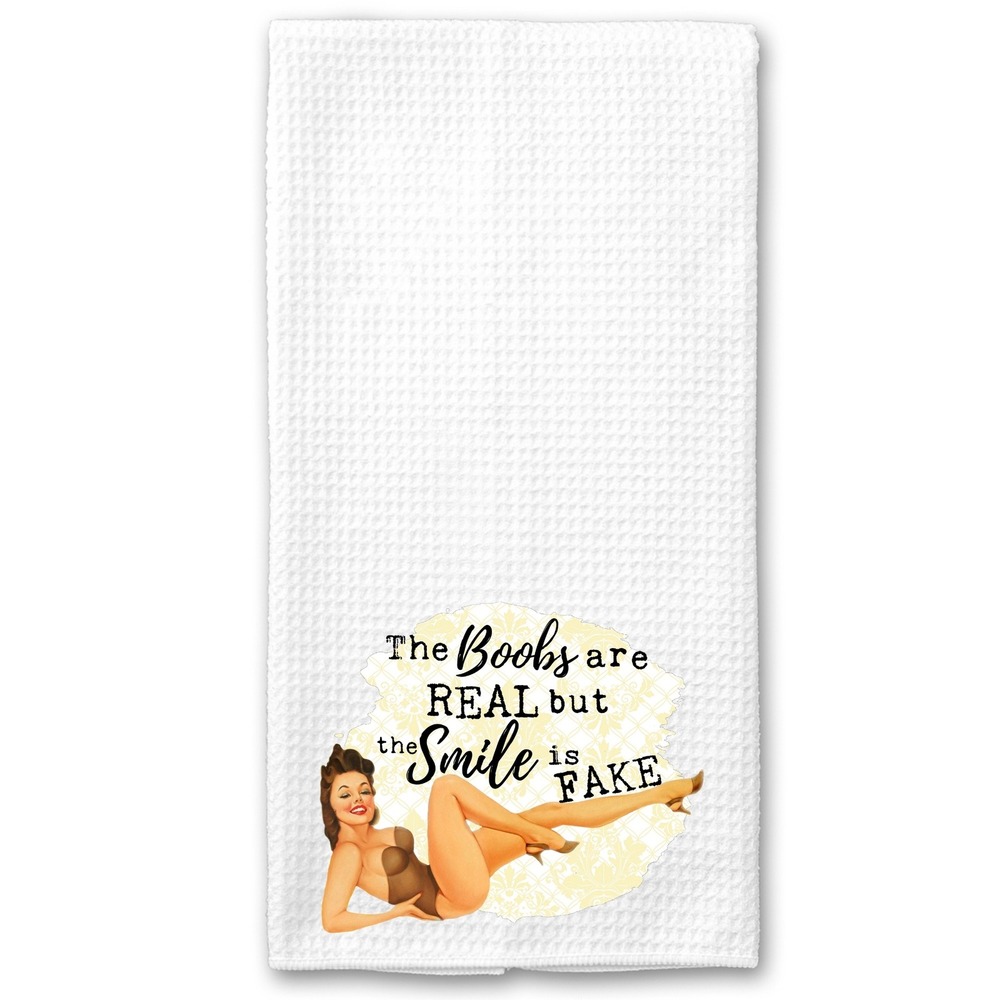 Vintage Pinup Girl Waffle Weave Kitchen Towel White Funny Retro Dish Cloth